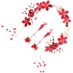 minkissy 2 Sätze Quaste Stirnband Ohrringe Ornament-stirnband Hochzeitsohrringe Rotes Blumenhaarteil Fee Haarschmuck Rotes Blumenstirnband Kristalldekor Legierung Zubehör Braut Einzigartig von minkissy