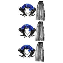 minkissy Rose 3 Stück Cosplay-Schmuck-Requisiten Schwarze Reifen Mit Kleid-Stirnbändern Party-Vintage-Accessoires Foto-Hörner Des Thematischen Dämons Toter Fotokopf Blumenmuster Blauer von minkissy