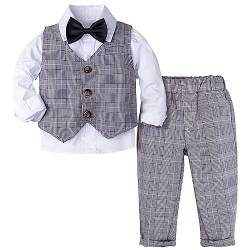 mintgreen 4PCS Kleinkinder Baby Jungen Gentleman Outfit Bekleidungsset Smoking Anzug Overall, Grau Plaid, 18-24 Monate, 90 von mintgreen