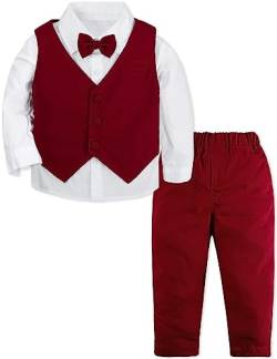 mintgreen Baby Anzug Junge, 3 Stück Gestreift Outfit Hochzeit Gentleman Kleiderset Lange Ärmel Hemd + Weste + Hosen + Krawatte, Burgund, 12-18 Monate, 80 von mintgreen