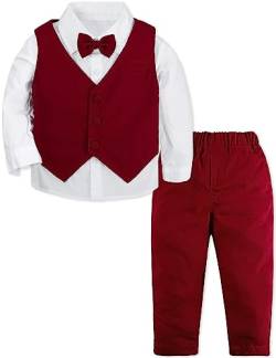 mintgreen Baby Anzug Junge, 3 Stück Gestreift Outfit Hochzeit Gentleman Kleiderset Lange Ärmel Hemd + Weste + Hosen + Krawatte, Burgund, 18-24 Monate, 90 von mintgreen