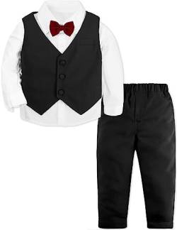 mintgreen Baby Anzug Junge, 3 Stück Gestreift Outfit Hochzeit Gentleman Kleiderset Lange Ärmel Hemd + Weste + Hosen + Krawatte, Vollkommen Schwarz, 12-18 Monate, 80 von mintgreen