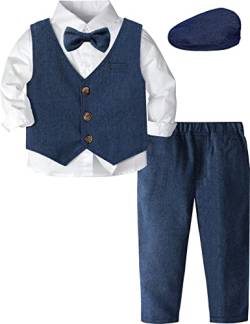 mintgreen Baby Anzug Junge, Hochzeits Fischgräten Tauf Outfits Gentleman Smoking mit Mütze, Blau, 12-18 Monate, 80 von mintgreen