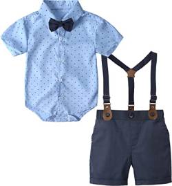 mintgreen Baby Junge Anzüge Ostern Outfit Gentleman Kurzärmeliges Hemd Hose Satz mit Fliege Hosenträger, Blau, 12-18 Monate, 90 von mintgreen