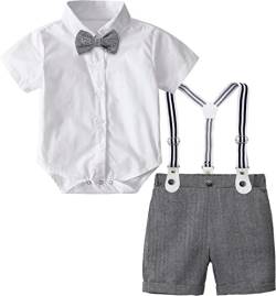 mintgreen Baby Junge Anzüge Ostern Outfit Gentleman Kurzärmeliges Hemd Hose Satz mit Fliege Hosenträger, Dunkel Grau, 12-18 Monate, 90 von mintgreen