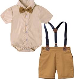 mintgreen Baby Junge Anzüge Ostern Outfit Gentleman Kurzärmeliges Hemd Hose Satz mit Fliege Hosenträger, Khaki, 9-12 Monate, 80 von mintgreen