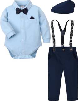 mintgreen Baby Junge Anzug Gentleman Hochzeit Kleidung Formell Hemd Set Hosenträger Fliege mit Hut, Blau, 3-6 Monate, 60 von mintgreen