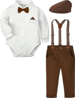 mintgreen Baby Junge Anzug Gentleman Hochzeit Kleidung Formell Hemd Set Hosenträger Fliege mit Hut, Braun, 12-18 Monate, 90 von mintgreen