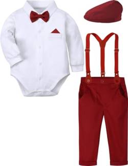 mintgreen Baby Junge Anzug Gentleman Hochzeit Kleidung Formell Hemd Set Hosenträger Fliege mit Hut, Rot, 12-18 Monate, 90 von mintgreen