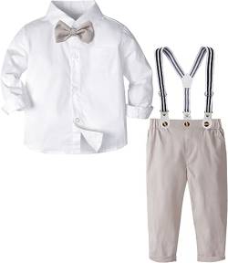 mintgreen Baby Junge Hochzeit Outfits 4Tlg Kleinkind Geburtstag Anzug Langarm Feste Hemden + Hosen + Hosenträger + Fliege, Mandelweiß, 2-3 Jahre, 100 von mintgreen