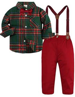 mintgreen Baby Junge Outfits Set 4tlg Kleinkind Weihnachten Hochzeit Anzug Gentleman Kariertes Hemd + Fliege + Hose + Hosenträger, Grün & Rot, 4-5 Jahre, 120 von mintgreen