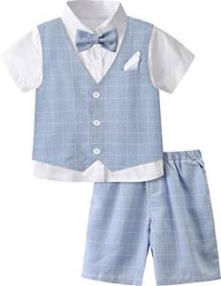 mintgreen Junge Gentleman Anzug, Kinder Hochzeit Outfits Formal Kurzärmeliges Hemd Hose Weste Bowtie Einstecktücher Satz, Blau, 10-11 Jahre, 150 von mintgreen