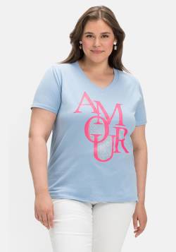 Große Größen: T-Shirt mit Neon-Frontprint, elastische Qualität, hellblau, Gr.40 von miss goodlife