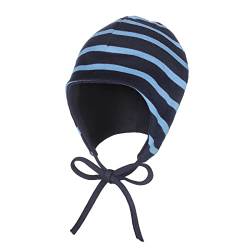 modAS Baby Mütze aus Baumwolle - Kopfbedeckung Mädchen Jungen mit Bindeband und Ohrenschutz in Blau-Azur 43 cm - ca. 6-9 Monate von modAS