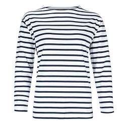 modAS Damen Shirt Bretonisches Damenshirt mit U-Boot Ausschnitt - Ringelshirt Streifenshirt Langarmshirt mit Streifen aus Baumwolle in Weiß/Blau in Größe 38 von modAS