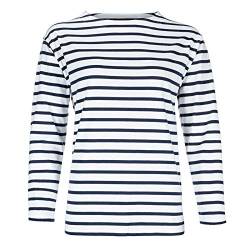 modAS Damen Shirt Bretonisches Damenshirt mit U-Boot Ausschnitt - Ringelshirt Streifenshirt Langarmshirt mit Streifen aus Baumwolle in Weiß/Blau in Größe 46 von modAS