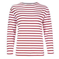 modAS Damen Shirt Bretonisches Damenshirt mit U-Boot Ausschnitt - Ringelshirt Streifenshirt Langarmshirt mit Streifen aus Baumwolle in Weiß/Rot in Größe 38 von modAS