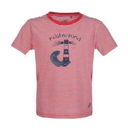 modAS Kinder T-Shirt mit Leuchtturm-Print und Schriftzug Küstenkind - Gestreiftes Rundhals-Kindershirt Mädchen Jungen aus Baumwolle in Rot/Weiß Größe 122 bis 128 von modAS