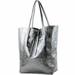 modamoda de - T163 - Ital. Shopper Large mit Innentasche aus Leder, Farbe:Anthrazit-Metallic von modamoda de