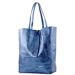 modamoda de - T163 - Ital. Shopper Large mit Innentasche aus Leder, Farbe:Jeansblau-Metallic von modamoda de