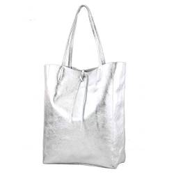 modamoda de - T163 - Ital. Shopper Large mit Innentasche aus Leder, Farbe:Silber-Metallic von modamoda de
