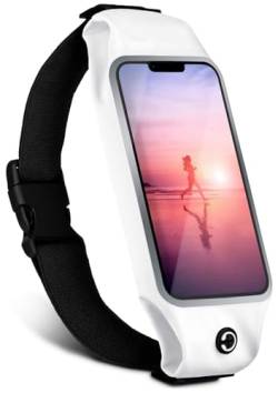 moex Laufgürtel Handy für Google Pixel 8a Lauftasche Jogging Tasche Wasserfest, Slim Running Belt Flexibel mit Sichtfenster, Laufgurt zum Joggen Bauchtasche Sport, Weiß von moex