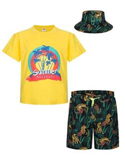mohez Jungen 2 tlg Outfits Bedrucktes Kurzarm T-Shirts + Shorts Set Kind Sommer Bekleidungssets mit Eimerhut Gelb Top 11-12 Jahre von mohez