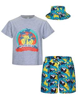 mohez Jungen 2 tlg Outfits Bedrucktes Kurzarm T-Shirts + Shorts Set Kind Sommer Bekleidungssets mit Eimerhut Grau Top 11-12 Jahre von mohez