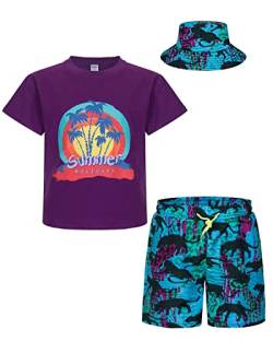mohez Jungen 2 tlg Outfits Bedrucktes Kurzarm T-Shirts + Shorts Set Kind Sommer Bekleidungssets mit Eimerhut Lila Top 3-4 Jahre von mohez