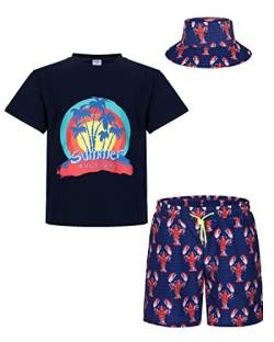 mohez Jungen 2 tlg Outfits Bedrucktes Kurzarm T-Shirts + Shorts Set Kind Sommer Bekleidungssets mit Eimerhut Marineblau Top 5-6 Jahre von mohez