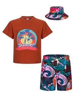 mohez Jungen 2 tlg Outfits Bedrucktes Kurzarm T-Shirts + Shorts Set Kind Sommer Bekleidungssets mit Eimerhut Rot Top 7-8 Jahre von mohez