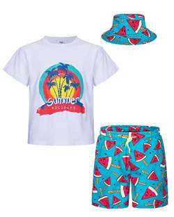 mohez Jungen 2 tlg Outfits Bedrucktes Kurzarm T-Shirts + Shorts Set Kind Sommer Bekleidungssets mit Eimerhut Weiß Top 3-4 Jahre von mohez