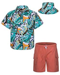 mohez Kind Jungen Bekleidungssets Sommer Hawaiian Kurzarm button down Hemd + Cargo Shorts + Eimerhut Set Blätter Muster Grün Hemd 9-10 Jahre von mohez