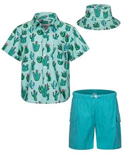 mohez Kind Jungen Bekleidungssets Sommer Hawaiian Kurzarm button down Hemd + Cargo Shorts + Eimerhut Set Kakteengewächse Muster Grün Hemd 9-10 Jahre von mohez