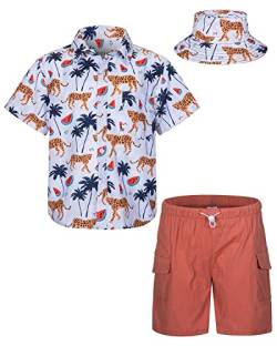 mohez Kind Jungen Bekleidungssets Sommer Hawaiian Kurzarm button down Hemd + Cargo Shorts + Eimerhut Set Kokospalme Leopard Muster Weiß Hemd 5-6 Jahre von mohez