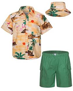 mohez Kind Jungen Bekleidungssets Sommer Hawaiian Kurzarm button down Hemd + Cargo Shorts + Eimerhut Set Kokospalme Muster Gelb Hemd 11-12 Jahre von mohez