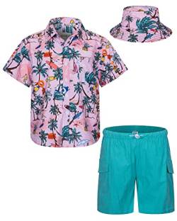 mohez Kind Jungen Bekleidungssets Sommer Hawaiian Kurzarm button down Hemd + Cargo Shorts + Eimerhut Set Kokospalme Muster Rosa Hemd 5-6 Jahre von mohez
