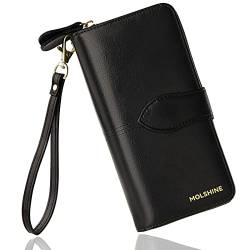 molshine Damen-Luxus-Leder-Geldbörsen mit großem Fassungsvermögen,RFID-Blockierung,Lange Damen-Geldbörse,Kupplungsarmband mit Reißverschlusstasche (Schwarz) von molshine