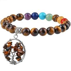 mookaitedecor Chakra Stein Perlen Armbänder für Frauen und Männer, elastische handgemachte Armbänder mit Baum des Lebens Charme Obsidian von mookaitedecor