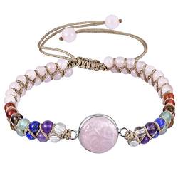 mookaitedecor Heilstein Baum des Lebens Armband für Damen und Herren, 4mm 7 Chakra Perlen Einstellbare Doppelt Geflochtenes Armbänder für Yoga Heilung Reiki, Rosenquarz Stein von mookaitedecor