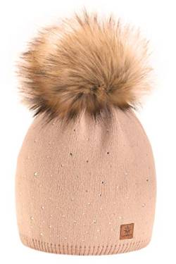 morefaz Wurm Winter Strickmütze Mütze Damen Kristalle Kiesel mit Große Bommel Pompon l SKI (Beige) (MFAZ Ltd) von morefaz