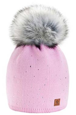 morefaz Wurm Winter Strickmütze Mütze Damen Kristalle Kiesel mit Große Bommel Pompon l SKI (Pink) (MFAZ Ltd) von morefaz