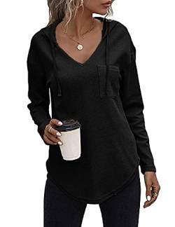 Morhuduck Damen V Ausschnitt Hoodies Langarm Sweatshirt Kordelzug Pullover Tops mit Tasche, 01-schwarz, Large von morhuduck