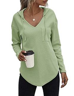 Morhuduck Damen V Ausschnitt Hoodies Langarm Sweatshirt Kordelzug Pullover Tops mit Tasche, 02-Mintgrün, Large von morhuduck