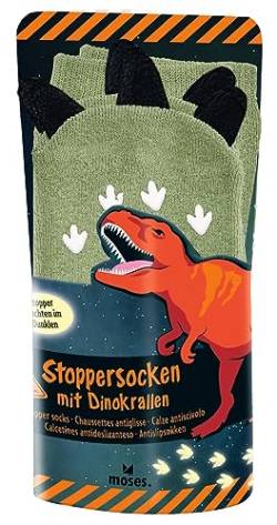 moses. Unisex Kinder Dino Stoppersocken mit Krallen, Dinosaurier Kindersocken mit nachtleuchtenden Stoppern, rutschfeste ABS-Socken, passend für Jungen und Mädchen mit Schuhgröße 26-42, grün, 26 von moses