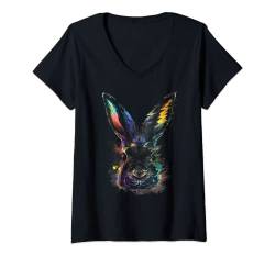 Damen Hase Tier Kunst Bunt Kunstwerk Kaninchen T-Shirt mit V-Ausschnitt von @n!mal