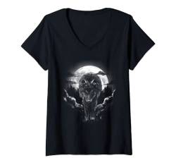 Damen Wolf Tier Mond Zeichnung Tiermotiv Wolf T-Shirt mit V-Ausschnitt von @n!mal