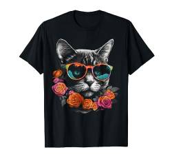 Katzenliebhaber Kunstwerk | Sonnenbrille Blume Tier Motiv Katze T-Shirt von @n!mal