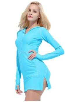 Damen Langarm Rash Guard Shirt mit Kapuze Workout Top Neoprenanzug Badeanzug UPF 50+ (Blue, L) von nadamuSun