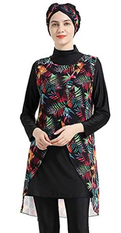 Muslimische Badeanzüge für Frauen Floral Modesty Bademode Islamischer Hijab Burkini Beachwear Tankini Badeanzug (Black, L) von nadamuSun